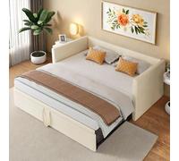 Canapé-lit 90/180 x 200 cm, lit de jour extensible, avec lit d'invités, lit gigogne de même hauteur, canapé-lit avec fonction de sommeil, convertible pour 2 personnes, en velours, beige, sans matelas
