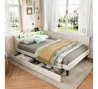 Canapé Lit 90 x 200 avec Tiroirs de Rangement, Canape Lit Rembourré avec Éclairage LED et Multiprise, Banquette Lits Multifonction avec Sommier à Lattes, Lits 1 Place pour Studio, Ado et Enfant