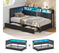 Canapé Lit 90x190 avec 2 Tiroirs, Lit 90x190 à LED avec Multiprise, Tête de Lits Rembourrée et Large avec 3 Compartiments Ouverts, Lit Enfant, Cadre de Lits avec Sommier à Lattes en Métal, Gris