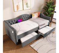 Canapé-lit 90x190 USB, Convertible 2 Places, Cadre de Lit avec Tiroirs, Sommier, Coffre, Banquette-lit Rembourrée, Rangements, Lit Adulte en Lin Gris (sans Matelas)