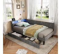 Canapé-lit 90x200 avec 2 Tiroirs, Cadre de lit avec éclairage LED et charge USB, canapé lit 1 Places avec sommier à Lattes, lit de jour, lit d'appoint, lit d'appoint, en velours