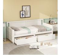 Canapé-lit 90x200 blanc bois massif 2 rangements - Lit simple enfant/jeune - Structure durable - Meuble fonctionnel - Sans Matelas