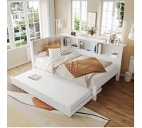 Canapé-lit 90x200cm avec lit gigogne 90x190, avec bande lumineuse LED à intensité variable, avec étagère pratique, port USB, blanc