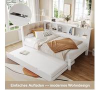 Canapé lit 90x200cm avec lit gigogne 90x190, lit double avec bande lumineuse LED et port USB, étagère et sommier à lattes,pin,blanc