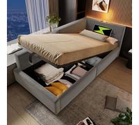 Canapé-lit avec compartiment de rangement, cadre de lit USB-C, lit à bagages 90 x 200, lit rembourré avec sommier à lattes, lit rembourré Meridian, lit bébé en bois avec fonction lumière