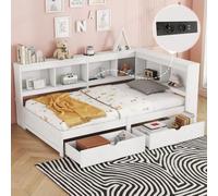 Canapé-lit Banquette 90x200 cm avec Sommier à Lattes, 2 Tiroirs de Rangement, Prise Électrique et Ports USB, Structure en Aggloméré (Matelas Non Inclus) (Blanc 90cm*200cm)