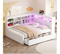 Canapé-Lit Bois - Lit Double 140x200cm avec Grands Tiroirs de Rangement - LED RGB et Ports USB Intégrés - Blanc