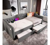 Canapé lit canapé Parure de lit 90x200 Cadre de lit et Tiroirs, lit 1 Personnes, Lit Coffre avec Port USB de Type C et 2 tiroirs, lit Simple avec sommier à Lattes, Gris (sans Matelas)