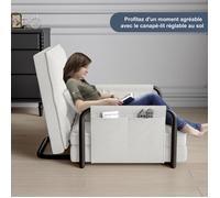 Canapé Lit Convertible 120cm - Dossier Réglable 5 Positions - Poches de Rangement - Tissu Bouclette Blanc Crème
