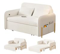 Canapé-lit convertible 178 cm futon pliable deux places, banquette transformable avec station de charge USB Type-C et poches latérales, canapé gain de place pour chambre et chambre d’amis Blanc