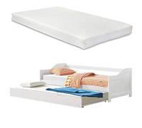 Canapé-lit Convertible avec 2 Matelas Lit Gigogne Divan Canapé d'appoint Bois Pin Contreplaqué Mousse à Froid Blanc 205x190,5x66cm