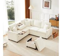 Canapé-Lit d'Angle Fonction de Sommeil avec Pouf Rangement,Table Pliante | 205x205x85cm,Lampe Lecture,2 Porte-Verres,USB,Type-C,Accoudoirs Multifonction,Pour Chambre,Invités,Appartement,Chenille,Beige