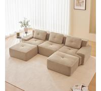 Canapé-lit d'angle modulaire en forme de L avec tabouret ottoman, pour salon, avec confort et soutien du siège bas, sans montage, mousse 32D hautement élastique, sans boneless, kaki clair, 3 places +