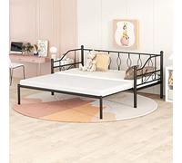 Canapé-lit double en métal de style industriel avec gigogne, dossier, accoudoirs et support à lattes spécialement conçus, pas de sommier tapissier nécessaire, 200 x 109 x 93,5 cm (L x l x H), noir