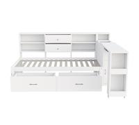 Canapé-lit en bois, 90 x 200 cm, espace de rangement multifonction, compartiments de rangement et étagères dissimulés, 2 grands tiroirs, prise multifonctionnelle, bureau extensible, lit simple, lit