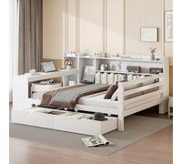 Canapé-lit en bois massif, avec bureau, bibliothèque, compartiments de rangement et étagères, avec prise de courant, avec 2 grands compartiments de rangement, blanc (White + Wood + 140cm*200cm)
