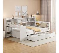 Canapé-lit en bois massif, avec bureau, bibliothèque, compartiments de rangement et étagères, avec prise de courant, avec 2 grands compartiments de rangement, blanc (White + Wood + 90cm*200cm)