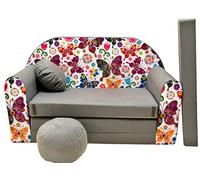 Canapé Lit Enfant Convertible 98x168x59 cm A33 Gris - Papillons avec Pouf