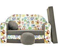 Canapé Lit Enfant Convertible Pliable A5 Gris Animaux avec Pouf et Coussin