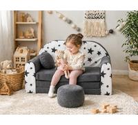 Canapé Lit Enfant Convertible Pliable AC1 Gris Étoiles avec Pouf et Coussin | OEKO-TEX Standard 100 - matelas amovible, housse lavable à 30 °C, léger et facile à déplacer