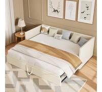 Canapé-lit extensible rembourré, 90/180 x 200 cm, pour adolescent, avec sommier à lattes, dossier et accoudoirs, multifonction, lit de jour, en velours, sans matelas, beige