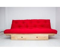 Canapé-lit futon Yokahoma 200x120x24 cm, en Bois Massif Coloris Naturel sans Vernis avec façade tiroir à roulettes et Un futon Japonais 100% Coton Finition Rouge