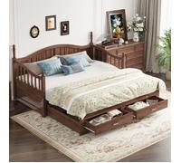 Canapé-lit gigogne 90/180x190 cm, avec deux tiroirs, avec colonnes romaines, dossier et accoudoirs courbés, sommier à lattes, noyer