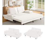 Canapé lit gigogne - 90/180x200 cm - 2 en 1 - Extensible - Pliable - sommier à Lattes en Bois - Style scandinave - Tissu lin -Blanc