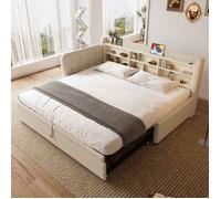 Canapé-lit gigogne 90/180x200 cm, lit multifonction avec multiples rangements et ports USB + Type C, sommier à lattes, lin - beige