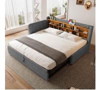 Canapé-lit gigogne 90/180x200 cm, lit multifonction avec multiples rangements et ports USB + Type C, sommier à lattes, lin - gris
