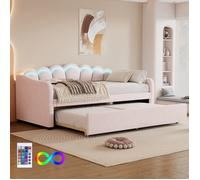 Canapé lit gigogne 90x200+90x190cm, lit 2 places convertible avec sommier à lattes,Velours, lumière LED changeante de couleur, Rosa