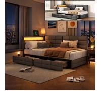 Canapé lit gigogne 90x200 cm avec LED - Lit coffre avec 2 tiroirs et sommier à lattes - USB et TpyeC - Cadre de Lit - Lin - Gris