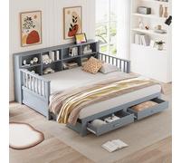 Canapé-lit gigogne en bois massif 90/180x190 cm, meuble de rangement avec prise de charge dans l'accoudoir latéral, avec 2 tiroirs et sommier à lattes, lit multifonctionnel (Grey + Wood + 90cm*190cm)