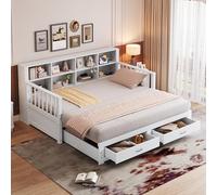 Canapé-lit gigogne en bois massif 90/180x190 cm, meuble de rangement avec prise de charge dans l'accoudoir latéral, avec 2 tiroirs et sommier à lattes, lit multifonctionnel (White + Wood + 90cm*190cm)