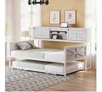 Canapé-Lit Gigogne Fer 90x200cm - Multi-Rangements & Prises - Blanc - Adolescent - Sans Matelas