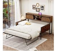 Canapé-Lit Gigogne Fer 90x200cm - Noir/Marron - Multi-Rangements & Prises - Adolescent - Sans Matelas
