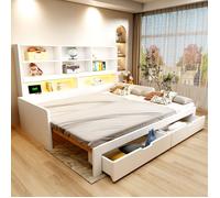 Canapé-Lit Gigogne MDF Blanc 90/180x200cm Multifonction Gain de Place avec Rangements Tiroirs LED et Prises Charge 120kg