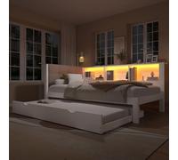 Canapé-Lit Gigogne Moderne 90x200 cm avec Étagère Intégrée, Bandes LED Dimmables et Ports USB - Lit de Repos en Pin Blanc sans Matelas