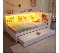 Canapé-lit - LEMONBEST - Blanc LED 90×200 cm - Lit d'angle gigogne - Prises & USB/Type-C - Rangements intégrés