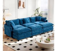 Canapé-lit modulable 3 places 289 cm, chenille bleue, double coussins