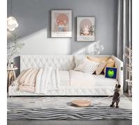 Canapé-lit rembourré, 140 x 200 cm, avec port LED et USB, cadre de lit avec sommier à lattes et dossier, canapé-lit, lit de jour, lit d'enfant, en velours peluche, rose, sans matelas, beige
