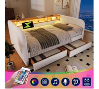 Canapé-lit rembourré 140x190 double avec LED et recharge USB-C,lit de jour 140x190 avec 2 tiroirs,rangement,lin,Beige,sans matelas