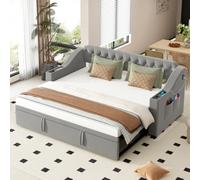 Canapé lit rembourré 90/180*190 avec lit gigogne,interface USB,poches latérales,rangement dans les accoudoirs,cadre de lit 1 personne avec sommier à lattes,velours,Sans matelas (A-Gris clair)