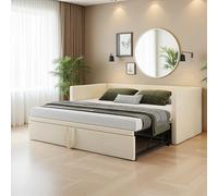 Canapé-lit rembourré, 90/180 x 200 cm, lit de jour, extensible pour lit double, lit gigogne avec sommier à lattes, lit multifonction, en velours, beige (beige, 90/180 x 200 cm)