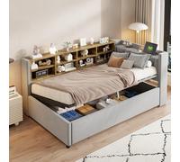 Canapé-lit rembourré 90 * 200 cm, avec Espace de Rangement hydraulique, avec veilleuse, Port de Charge USB et Type-C, avec étagères et Compartiments de Rangement (Light Grey + Velvet + 90cm*200cm)