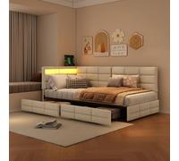 Canapé-lit rembourré, 90 x 200 cm, avec 2 tiroirs et sommier à lattes, canapé-lit simple avec espace de rangement, tête de lit avec LED et USB, lit de jour, en lin, sans matelas (beige-XY01, 90 x 200