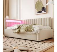 Canapé lit rembourré 90 x 200 cm avec éclairage LED Moderne Banquette Lit 1 Personne Multifonction Hydraulique Cadre de Lits Simple avec Sommier à Lattes Lit Coffre, Beige(sans Matelas)