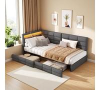 Canapé-lit rembourré, 90 x 200 cm, lit simple avec 2 tiroirs, lumière LED et fonction de charge USB de type C, cadre de lit pour adolescent avec sommier à lattes, sans matelas, lin, gris