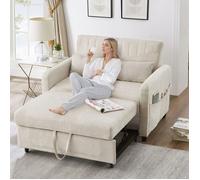 Canapé Lit Sofa Droit Pliable 2 Places Convertible Beige,Rangement & Dossier Réglable, Confortable pour Salon, Tissu Coton & Lin