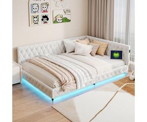 Canapé-lit - TANANT - Lit double rembourré 140x200 cm - Tissu Teddy - LED et USB intégrés - Beige